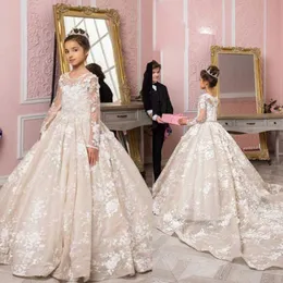 Luxury Ball Gown 2019 Flower Girl Dresses Long Sleeve Jewel Neck Little Girl Wedding Dresses Beads Lace Communion Pageant Dresses Gowns