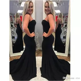 Sexy günstige einfache schwarze Meerjungfrau-Abendkleider trägerlos Sweep Zug Satin formelles Kleid Abendkleider Tragen Sie Roben de Soir￩e Vestidos