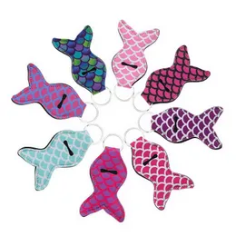 Mermaid Tail Neoprene Keychain Chapstick Key Chain Holder Lip Balm Lipstick Holder Vibrant Prints Fashion Car Keyring Ring Bag Charm