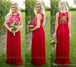 2019安い夏の庭園のスタイルの花嫁介添人ドレス熱い赤いレースのボディスのウェディングパーティーゲストメイドの名誉ガウンプラスサイズの習慣