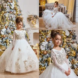 2020 Princess Flower Girl Dresses For Wedding Lace Appliques Jewel Neck Långärmad Söt tjejer Pagant Klänning Kids Kommunion Gown Al5082