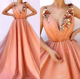 Peach V Neck Lace Long Prom Dresses 3D Floral Beaded Applique A Line Sweep Train Formal Party Evening Gowns