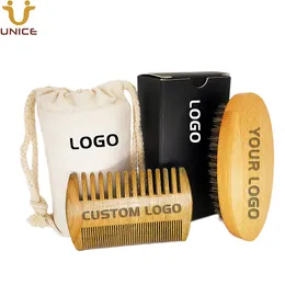 MOQ 100 sets Custom LOGO Beard Kit Grooming Brush and Dual Action Green Sandalwood Comb Set With Printed Gift Box & Bag For Gentelmen
