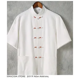 Sinicism StoreメンズバックルソリッドTシャツ2019漫画コットンリネンTシャツメンズ中国風Tシャツ緩いファッションTシャツ4xl