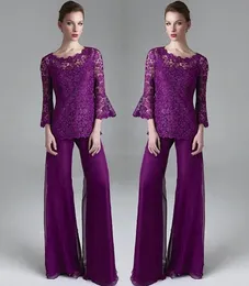 Classy Purple Lace Mother Of The Bride Pant Suits Sheer Jewel Neck Long Sleeves Wedding Guest Dress Plus Size Chiffon Mothers Groom Dresses