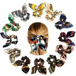 Hairbands Floral Printed Scrunchie Hair Ties Ropes Rabbit Ear Hair Bands Large Bows Ponytail Holder Trendy Hair Accessories 34 Colors DW3649