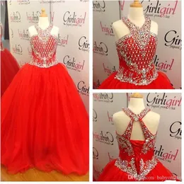 Kırmızı Küçük Kızlar Pageant elbise Kristaller Boncuk Tül Çiçek Kız Elbise Düğün İçin Dantel-up Geri Noel Prenses Çocuklar vestido daminha