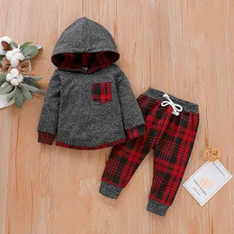 Dziewczyny Zestawy Odzieżowe Niemowlę Toddler Baby Girls Ubrania Z Długim Rękawem Plaid Kapturem Pullover Tops Spodnie Setfits