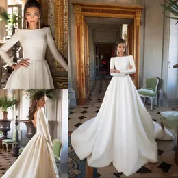 Betra Elegant Satin A Line Wedding Dresses Long Sleeves Backless Sweep Train Bridal Gowns Beach Country Wedding Gowns