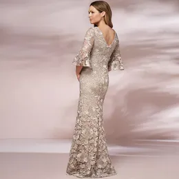 Champagne sereia renda mãe da noiva vestidos com decote em v mangas compridas vestidos de noite até o chão plus size lado split casamento gue227b