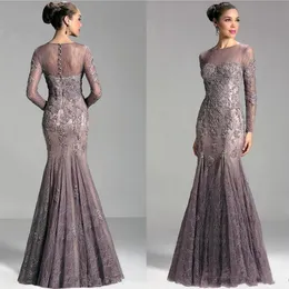 Mermaid Mother Of The Bride Dresses Jewel Neck Lace Appliques Beaded Illusion Long Sleeves Plus Size Evening Dress Wedding Party Gowns