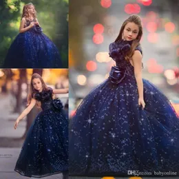 Navy Blue Pageant Dresses Princess Ball Gown Jewel Neck Big Sequins Ruffles Flowers Kids Formal Flower Girls Dress