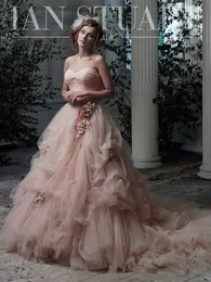 Vintage Blushing Pink A-Line Tulle Bröllopsklänningar med Färgglada Blommor Sweetheart Ruched Kvinnor Non White Bridal Gowns Custom Made