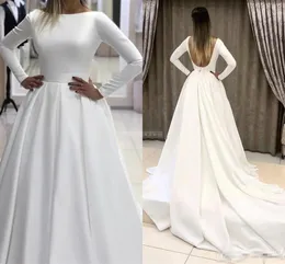 Backless Long Charming Sleeves Dreses Satin A Line Bateau Neckline Custom Made Chapel Train Wedding Bridal Gown Vestido De Novia
