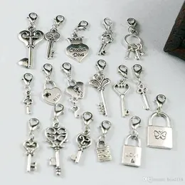Hot ! 102pcs Antique Silver mixed Heart Crown Lock / Key Dangle Beads And Lobster Clasp DIY Jewelry 17 style