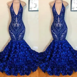 Royal Sexy Blue Prom Dresses Floral Floral Ruffles Sequins Lace Halter Mermaid Version Ords Made Made Special OCN Dress