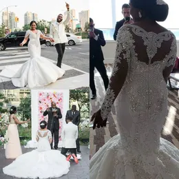 Abiti da sposa scintillanti di lusso a sirena Taglie forti Abiti da sposa sudafricani in cristallo trasparente a maniche lunghe Robe De Mariee su misura