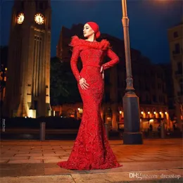 Zuhair Murad Kırmızı Abiye Giyim Mücevher Boyun Uzun Kollu Denizkızı balo elbiseleri 2019 Boncuklu Aplike arap elbise Plus Size