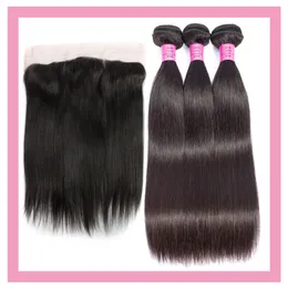 Malezyjski nieprzetworzone ludzkie włosy 3 wiązki z 13x4 koronki frontal baby Hair Extensions Proste ludzkie włosy Wefts frontals 10-30 cal