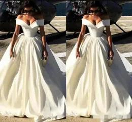 2019 Tanie Satin Wedding Suknie Linia Off The Ramię Rękawy Rękawy Ruched Custom Made Wedding Bridal S Gown Plus Size