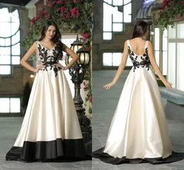 Czarny Szampański Kwiatowy Aplikacja Formalne Suknie Vintage 2019 V-Neck Cap Rękaw A-Line Backless Prom Dress Suknie wieczorowe Party Dresses Kobiety