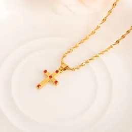 Nowa Afrykańska Biżuteria Zestawy Solid Złoto Wypełniony Kryształ CZ Cross Redzircon Wisiorek Naszyjnik Kobiety Łańcuch Dziewczyny Kids Party Jewelry