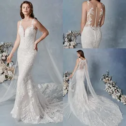 最新の人魚ケネスウィンストンウェディングドレスジュエルネックノースリーブチュールレースアップリケRuched Wedding Gown Sweep Train Robe de Mariee