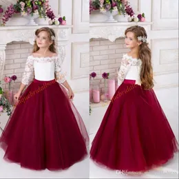 Burgundy Çiçek Kızlar Düğünler İçin Elbiseler 2020 Kapalı Omuz 3 4 Uzun Kollu Tül Kızlar Partisi Pageant Elbiseleri251H