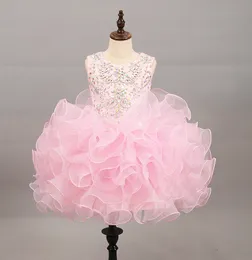 New Baby Pink Toddler Cupcake Pageant Dress Ruffles Crystal Backless Little Girls Birthday Formal First Holy Communion Dress Kids Prom Gown