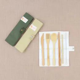 Set Posate Da Viaggio In Legno Di Bambù E Acciaio Inox - Bacchette, Paglia E Pouch - Riutilizzabile Per Campeggio E Pranzo - 3