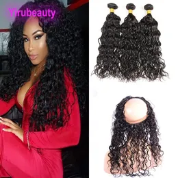 Water Wave 3 Bundles With 360 Lace Frontal Free Part Brazilian Virgin Hair Extensions With Lace Closures Natural Color Wet And Wavy