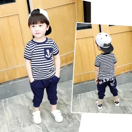 Free shipping hot sale summer clothing sets kids pants + Top boys girls Navy Stripe kids clothes children tracksuit