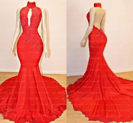 Cheap Red Mermaid Prom Dresses High Jewel Neck Lace Applique Evening Gowns Cocktail Party Dresses Red Carpet Dress Formal Gown ogstuff