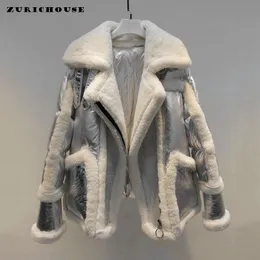 Kvinnor Down Parkas Zurichouse European Design Silver Down Coat Kvinna Vinter H￶gkvalitativ Real Lambool Splice Warm Parka Jacket Kvinna