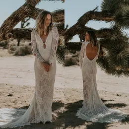 2019 Bohemia Mermaid Wedding Dresses V Neck Long Sleeve Full Lace Boho Backless Bridal Gowns Beach Garden Country Wedding Dress