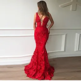 Modest Floral Lace Red Mermaid Prom Dresses deep v neck Sexy Long Prom Gowns With Feather evening Party Dresses 2020 Vestido Formatura