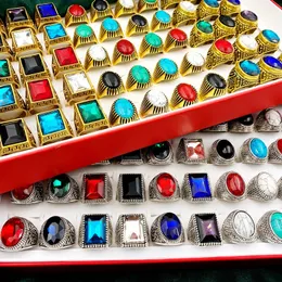 Fashion 30Pcs/Set Gem pinestone Turquoise band Rings metal big glass Crystal Retro Bohemia Style mix silver gold Men and Women Jewelry Gift