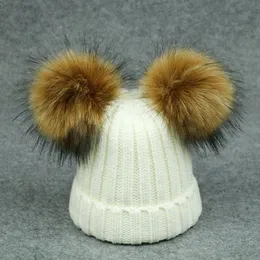 Moda- Imitação de lã Hat Raccoon Fur malha Double Ball Hat Lã bola New Gorro torção Ball.