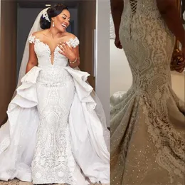 Sexy New Bling African Mermaid Wedding Dresses Off Shoulder Lace Applique Crystal Sequins Detachable Train Overskirts Formal Bridal Gowns