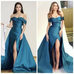 Blue 2019 Teal Satin Prom Dresses Sexig från axeln med OverSkirt Side Slit Ruched Formal Evening Party Gowns Custom Made Made