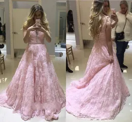 2019 Sexiga rosa prom klänningar Deep V Neck spetsar applikationer pärlor ärmlösa öppet sveptåg plus storlek anpassad festklänning aftonklänningar