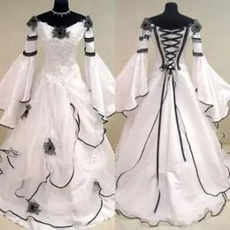 Renaissance-Schwarz-Weiß-Vintage-Brautkleider, Gothic-Vestidos De Novia, keltische Brautkleider mit langen Glockenärmeln