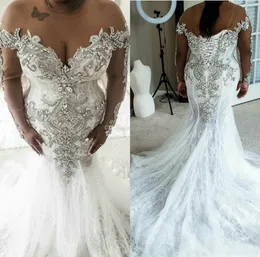 Plus Size Wedding Dresses Lace Crystal Beads Sweep Length Jewel Neck Mermaid Wedding Dress Custom Made Appliqued Long Sleeve Bridal Gowns 45