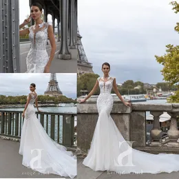 Sexy Sereia Vestidos de Noiva Sheer Jewel Pescoço Appliqued Lace Vestidos Bridais Sweep Train Rightless Wedding Dress