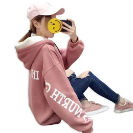 2018 Nya koreanska tröjor Kvinnor Casual Loose Woms Hooded Sweatshirts Plus Velvet Tjockad Stor överst Höst Vinter Ryska Hot T200103