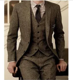 Vintage Men Suits Tuxedos Wool Tweed 3-Piece Brown Herringbone Suit Custom Slim Fit Groom Wear Wedding Tuxedos255A