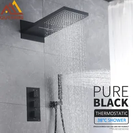 Svart termostatiska duschkranar Set Rain Waterfall Duschhuvud med 3-vägs termostatisk mixer Tap Bath Shower Faucet274b