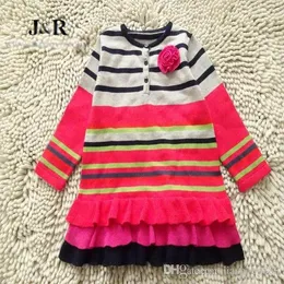 2-6 årsflickor baby vår höst Corsage Dreess Kids Stickning Långärmad Klänning Barn Striped Sweater Klänning Varumärke Kläder