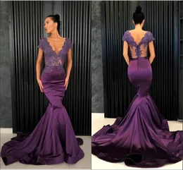 Dark Purple Double V-Neck Kväll Elegant Formella Klänningar Med Ärmes Applique Beaded Se men Top Mermaid Prom Dress Vestidos de Festia
