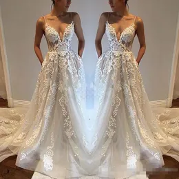 2019 new Sexy Wedding Dresses V-Neck Appliqued Lace Spaghetti Straps Open Back Bridal Gowns Beach Boho vestidos de novia Bride Sheer